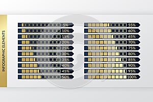 5 10 15 20 25 30 35 40 45 50 55 60 65 70 75 80 85 90 95 100 percent charts. Vector percentage infographics. Gold gradient arrow