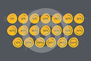 5 10 15 20 25 30 35 40 45 50 55 60 65 70 75 80 85 90 95 100 percent pie chart. Diagrams set. Vector percentage for download,