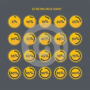 5 10 15 20 25 30 35 40 45 50 55 60 65 70 75 80 85 90 95 100 percent pie chart set. Circle diagrams. Vector percentage set for