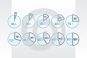 5 10 15 20 25 30 35 40 45 50 55 60 65 70 75 80 85 90 95 percent pie chart symbols. Percentage vector infographics. Isolated icons