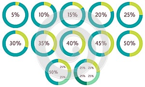 5 10 15 20 25 30 35 40 45 50 percent pie charts. Vector percentage infographics. Circle diagrams isolated