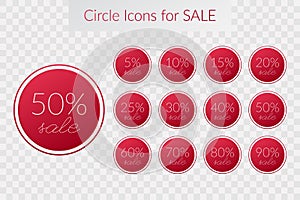 5 10 15 20 25 30 40 50 60 70 80 90 percent sale circle symbol. Vector isolated icon on transparent background. Sign for discount,