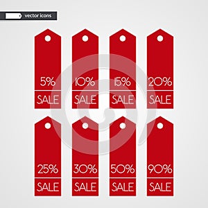 5 10 15 20 25 30 50 90 percent off shopping tag vector icons. Isolated discount symbols