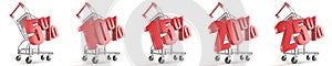 5%, 10%, 15%, 20%, 25% percent discount in front of shopping cart. Sale concept. 3D