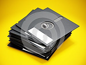5.25 inch floppy disks isolated on yellow background. 3D illustration