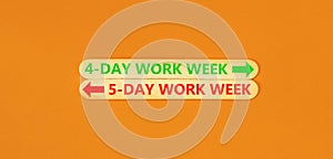 5 or 4 day week symbol. Concept word 5-day work week or 4-day work week on beautiful wooden stick. Beautiful orange table orange