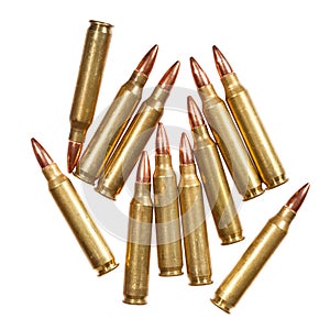 5.56x45mm NATO intermediate cartridges isolated on white.