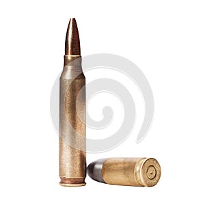 5.56x45mm NATO intermediate cartridges isolated on white.