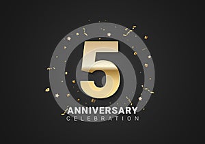 5 anniversary background with golden numbers, confetti, stars on bright black holiday background. Vector Illustration