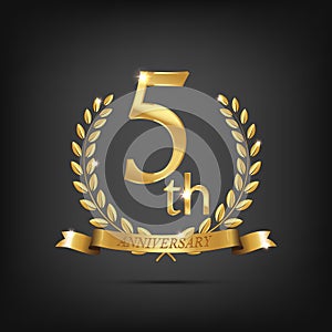 5 anniversary golden symbol. Golden laurel wreaths with ribbons and fifth anniversary year symbol on dark background