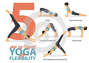 5 Arm and Leg Support  Yoga poses for Easy yoga at home in concept of flexibility in flat design.