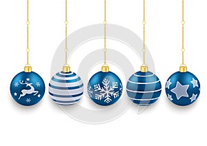 5 Blue Christmas Baubles White Background