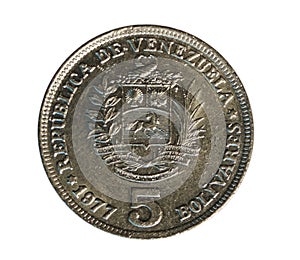 5 Bolivares coin, Bank of Venezuela. Reverse, 1977