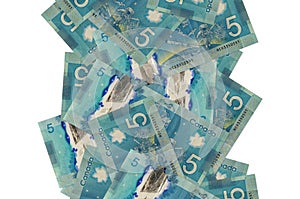 5 Canadian dollars bills flying down isolated on white. Many banknotes falling with white copyspace on left and right side