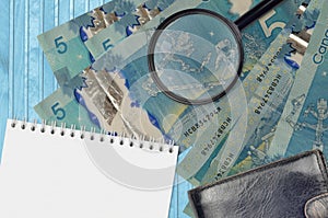 5 Canadian dollars bills and magnifying glass with black purse and notepad. Concept of counterfeit money. Search for differences