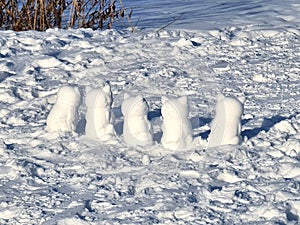 5 cat figures molded from a fresh snow