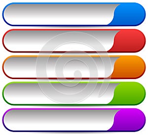 5 colorful button, banner backgrounds - Set of rectangular button background with blank space for messages. Tags, labels.