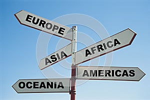 5 continents of the world on a sign post