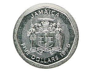 5 Dollars Coat of Arms coin, 1969~Today - Dollar - Circulation serie, 1996. Bank of Jamaica. Reverse, issued on 1994