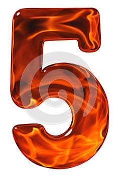 5, five, numeral from glass with an abstract pattern of a flaming fire, isolated on white background