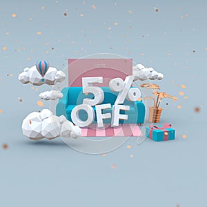 5 Five percent off 3d-illustration in cartoon style. Sale concept.
