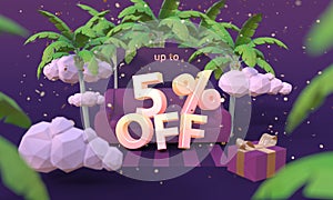 5 Five percent off 3D illustration in cartoon style. Summer clearance, sale, discount concept