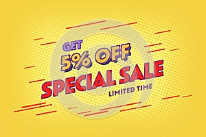 5 five Percent off super sale shopping halftone banner. sale mega sale