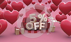 5 Five percent off - Valentines Day Sale 3D illustration.