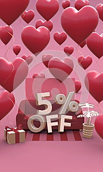 5 five percent off - Valentines Day Sale 3D illustration. Vertical banner with copy space.