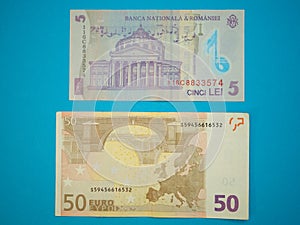 5 five Romanian lei and 50 fifty Euros banknotes