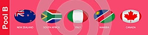 5 flags in the style of a Rugby ball. Flags of the nations participating in Rugby 2019, pool B