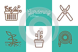 5 gardening line style icon set vector design