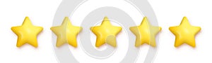 5 gold stars for product review vector illustration. 3d five yellow or golden ranking symbols in row for feedback