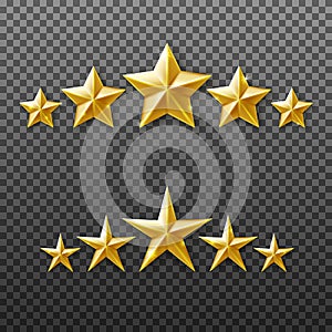 5 Gold stars rating set isolated on transparent background