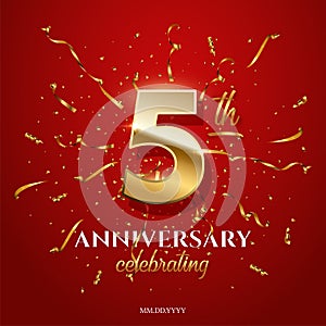 5 golden number and Anniversary Celebrating text with golden serpentine and confetti on red background. Vector fifth