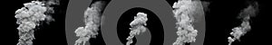 5 grey carbon smoke columns from power station on black, isolated - industrial 3D rendering