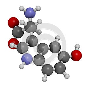 5-Hydroxytryptophan amino acid molecule. 3D rendering. Atoms are represented as spheres with conventional color coding: hydrogen