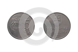 5 Kor n 1993 year on white background. Coin of Slovakia