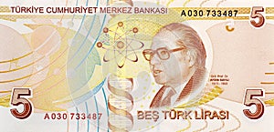 5 Lira banknote back. Turkish money