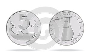 5 Lire of Italy in front and back. Vector illustration