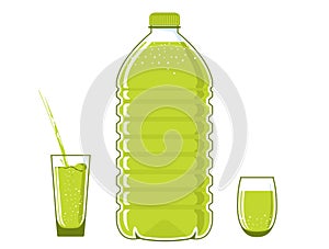 5 liter bottle, plastic water flask. Filled with green liquid. Full glasses stand nearby. Water is poured into one cup