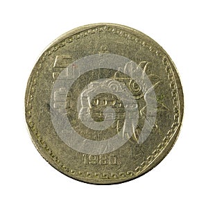 5 mexican peso coin 1980 obverse isolated on white background