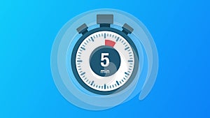 The 5 minutes, stopwatch icon. Stopwatch icon in flat style, timer on on color background. Motion graphics.