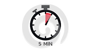 The 5 minutes, stopwatch icon. Stopwatch icon in flat style, timer on on color background. Motion graphics.