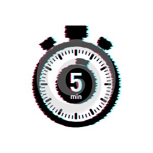 The 5 minutes, stopwatch vector glitch icon. Stopwatch icon in flat style, timer on on color background. Vector