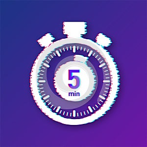 The 5 minutes, stopwatch vector glitch icon. Stopwatch icon in flat style, timer on on color background. Vector