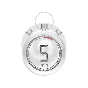 The 5 minutes, stopwatch vector icon. Stopwatch icon in flat style, timer on on color background.  Vector illustration.