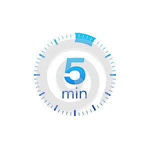 The 5 minutes, stopwatch vector icon. Stopwatch icon in flat style on a white background. Vector stock illustration.