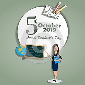 5 October World Teacher`s day- teacher with pointer and globe board pencils and book  square-Vector Illustration