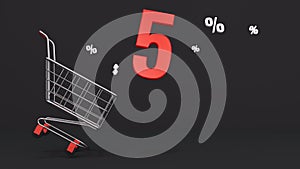 5 percent discount flying out of a shopping cart on a black background. Concept of discounts, black friday, online sales. 3d